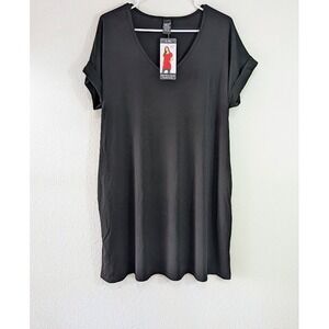Womens Solid Black Short Sleeve Pocket Lildy Tunic V-Neck Top L-XL New